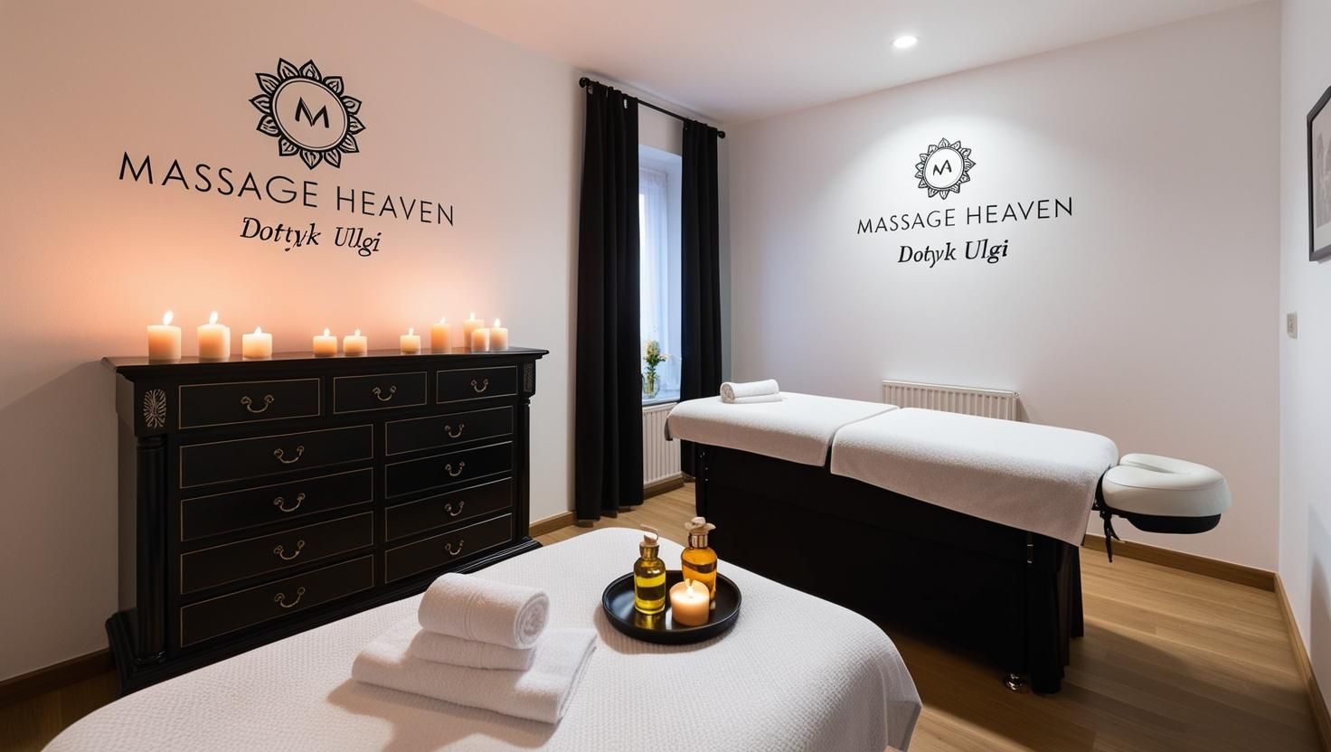 Wnętrze gabinetu Massage Heaven — recepcja z logo na ścianie